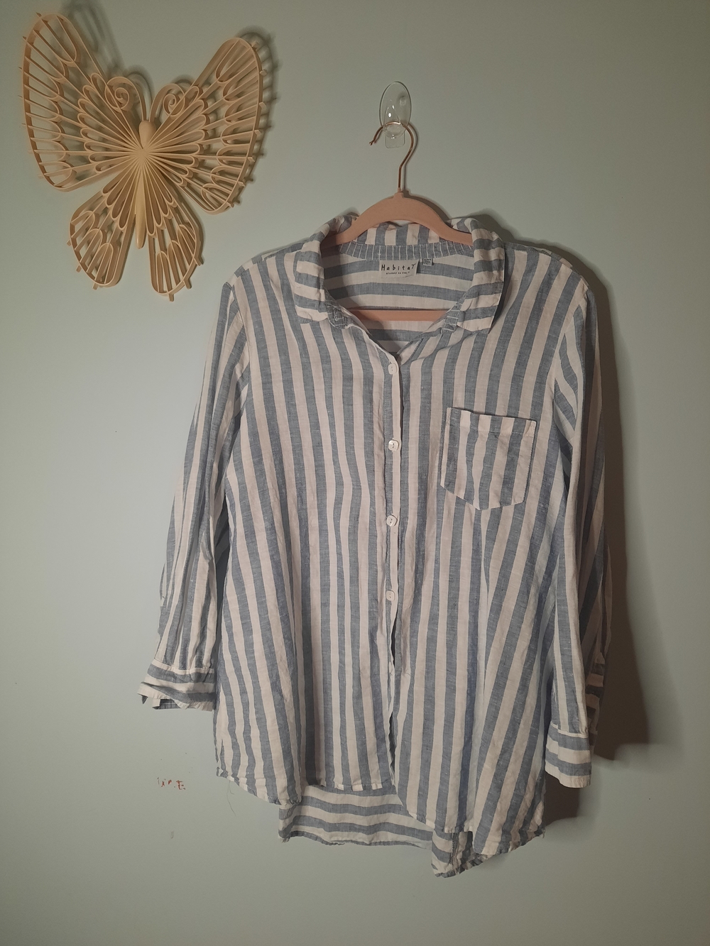 Habitat 100% Linen Blue and White Striped Button-Up Collared Blouse, Spring